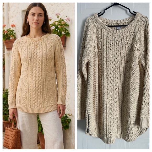 L.L. Bean Sweaters - LL Bean Signature XL Cotton Fisherman Cable Knit Tunic Sweater Beige NWT